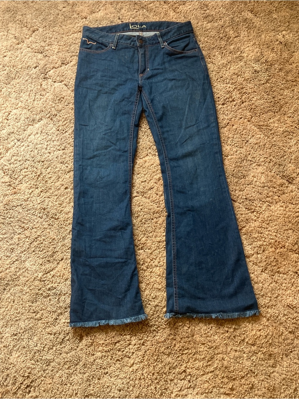 Kimes Ranch Dark Blue Flare Jeans with Frayed Hem